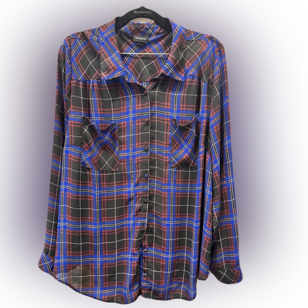 Torrid plaid blue, black, maroon lightweight button up blouse